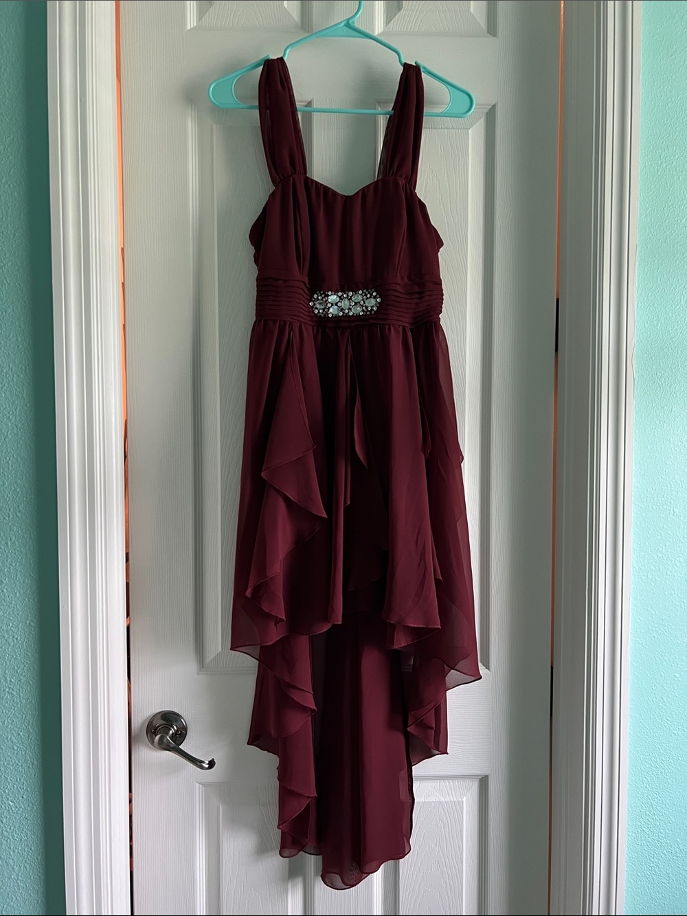 VENUS Burgundy Ruffled High-Low Chiffon Dress with Jeweled Waist